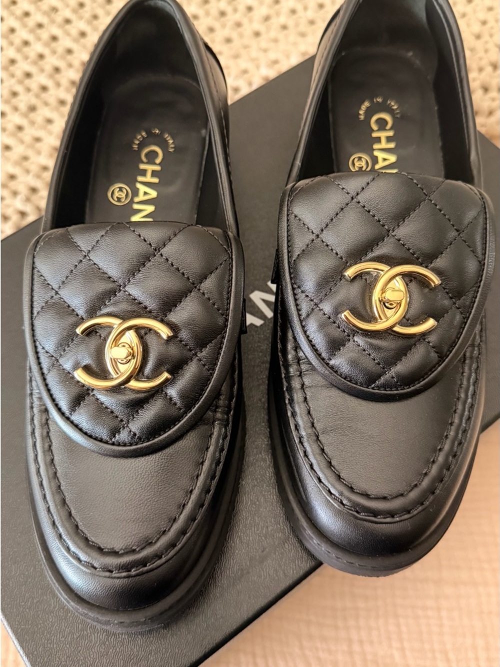 CHANEL Black Quilted Leather Loafers with Gold CC Hardware